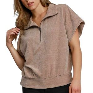 Umgee Chenille Half Zip Split Neck Short Sleeve Soft Versatile Top in Latte